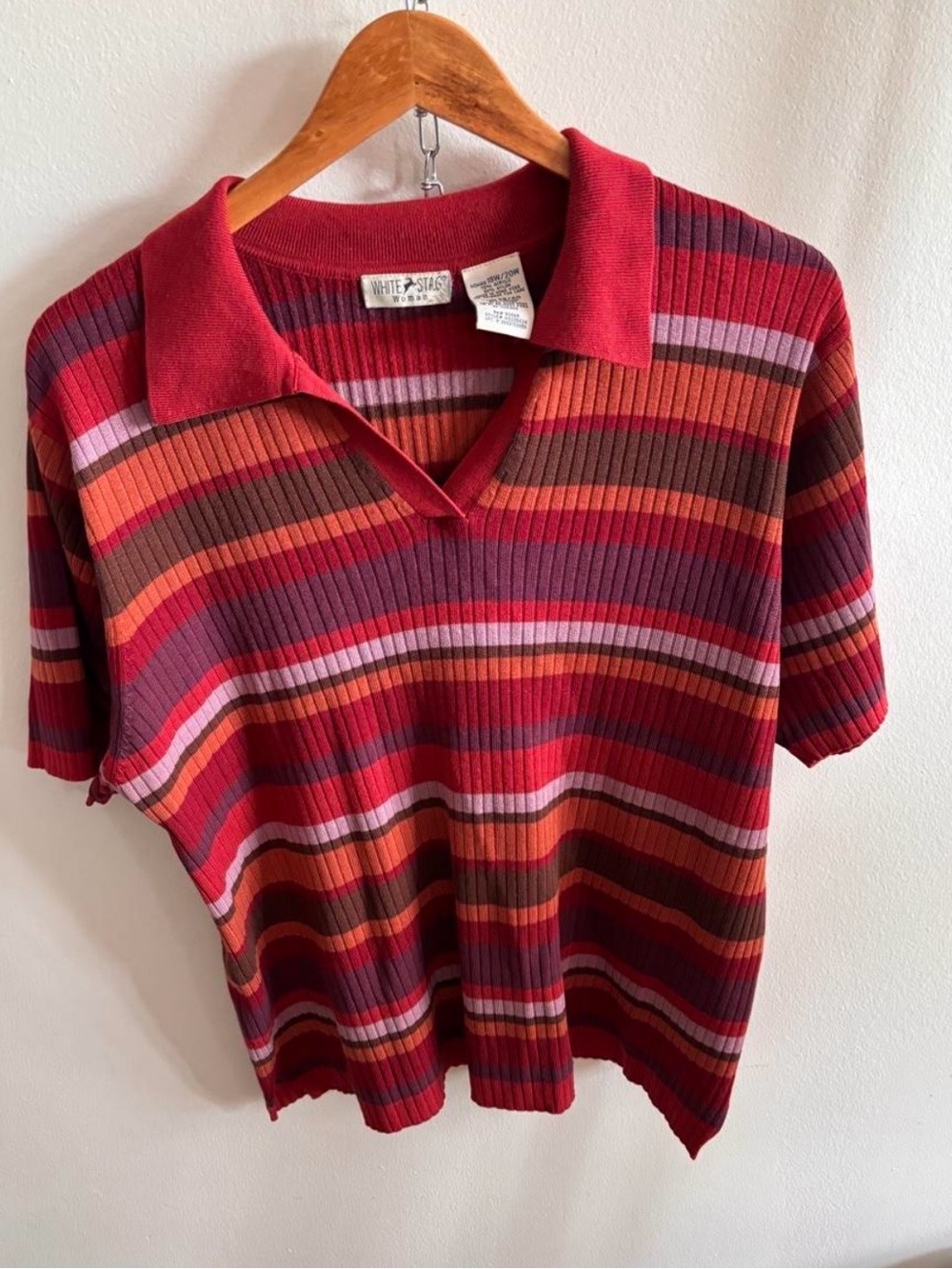 Tag Striped Ribbed Polo Tee in Red, Pink, Orange and Brown